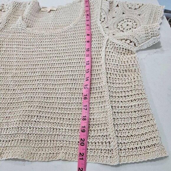Solitaire Large Boho Festival Crochet Top Beige Knit Short Sleeve - Picture 9 of 9